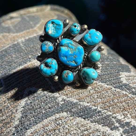 Sterling and turquoise, Native American, Navajo cluster ring - Picture 3 of 9
